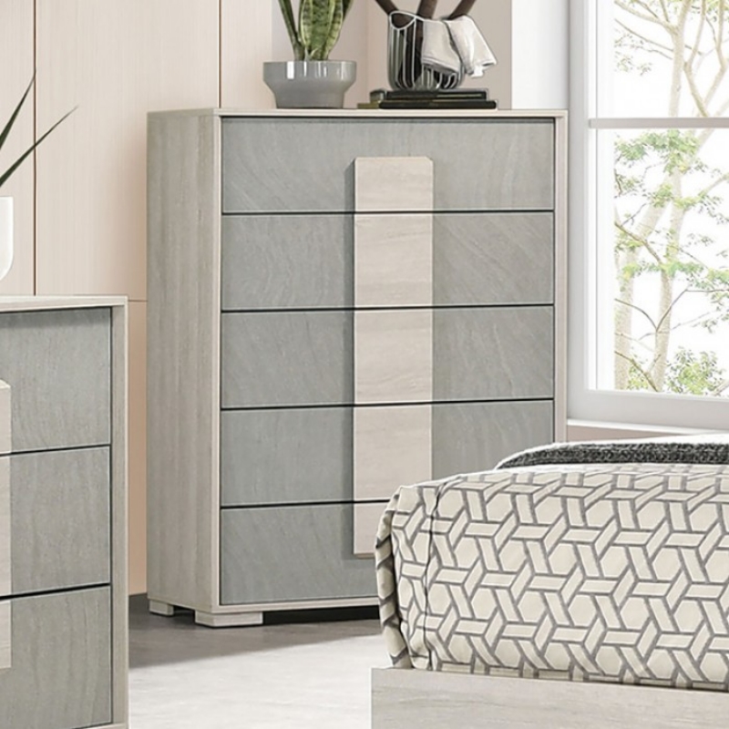 Picture of 35.5"W x 47"H White Wash/Stone Gray Five Drawer Chest