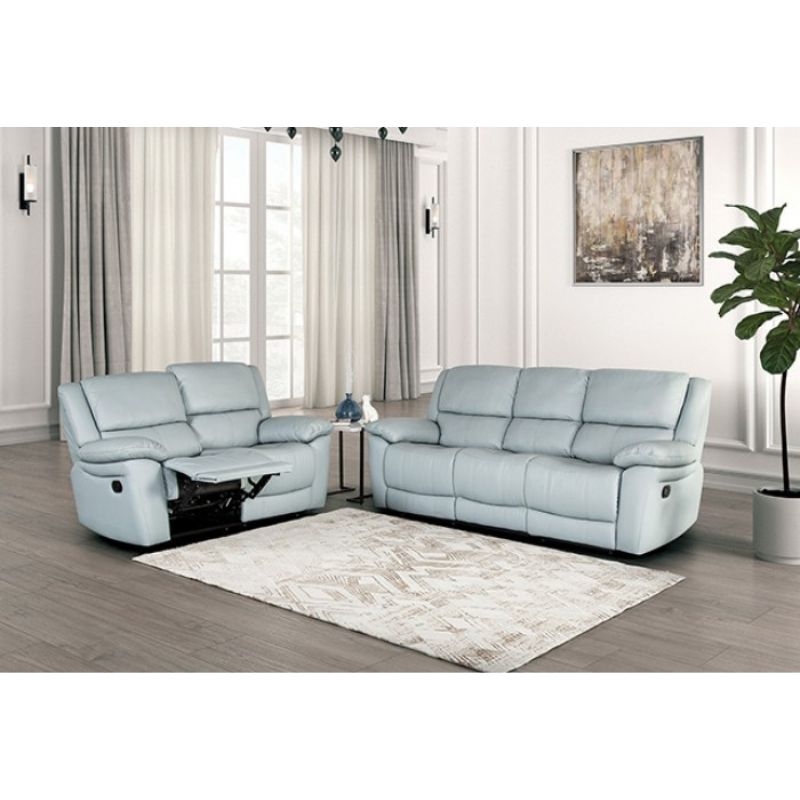 Picture of Genuine leather Manual Reclining Blue Sofa, Loveseat and Chair