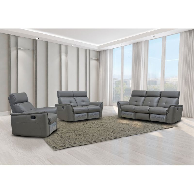 Picture of Top grain Genuine Leather Manual Recliner Dark Grey Sofa, Loveseat and Chair