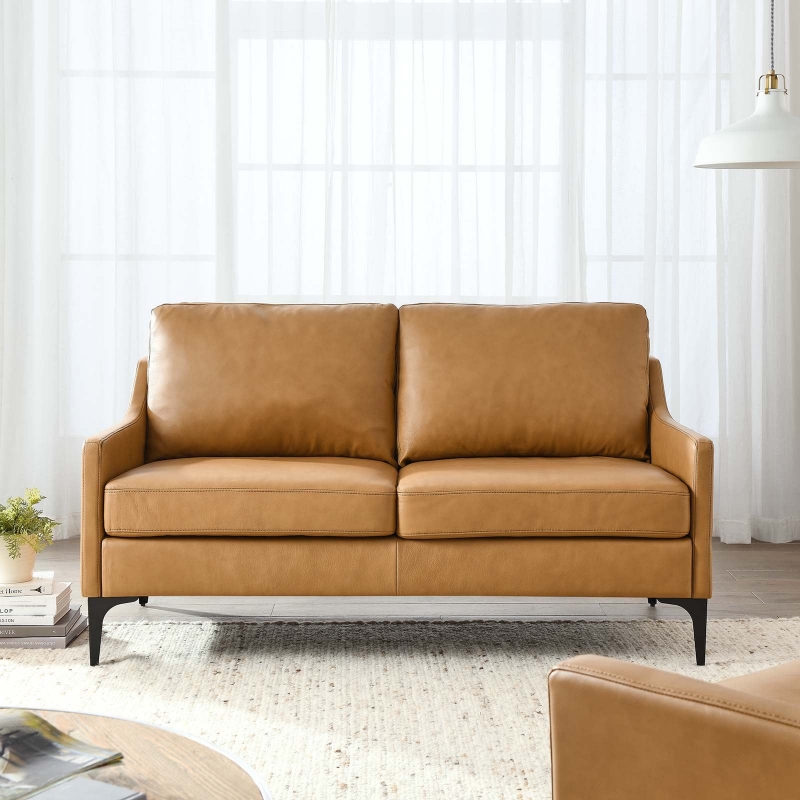 Picture of Genuine Leather Tan, Grey and Brown Loveseat