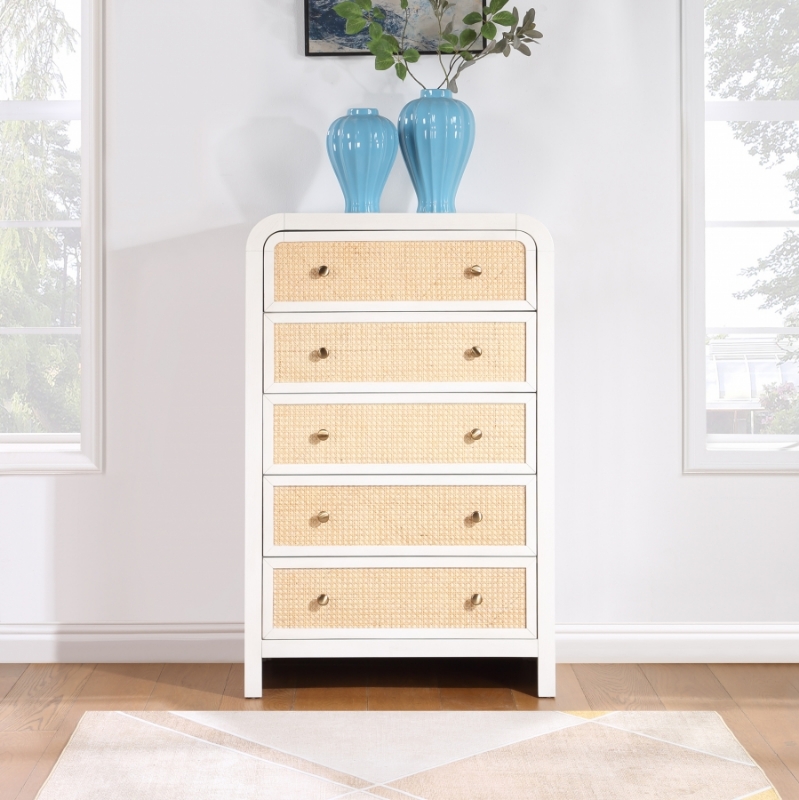 Picture of 32"W x 50"H Five Drawer White/Black/Natural Finish Chest