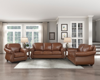 Show details for Genuine Leather Sofa, Loveseat and Chair Picture of Genuine Leather Sofa, Loveseat and Chair
