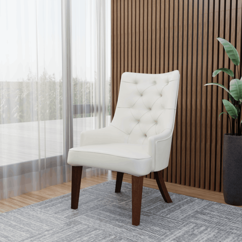 Picture of Dining Chair in Leather with Diamond-Tufted Design and Rubberwood Legs