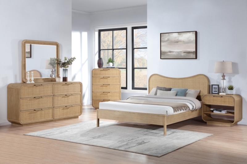 Picture of 5Pc Bedroom Set Brown or Natural Bed, Dresser and Mirrors, Chest and Nightstand
