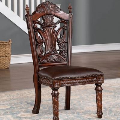 Show details for Faux Wood Carved Dark Brown Leatherette Seats Side Chair and Arm Chair Picture of Faux Wood Carved Dark Brown Leatherette Seats Side Chair and Arm Chair