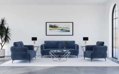 Show details for Blue Upholstered Modern Track Arm Sofa, Loveseat and Chair Picture of Blue Upholstered Modern Track Arm Sofa, Loveseat and Chair