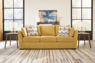 Show details for Faux wood finish Yellow/Teal Sofa, Loveseat and Chair Picture of Faux wood finish Yellow/Teal Sofa, Loveseat and Chair