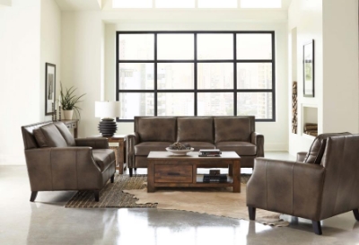 Show details for Genuine Leather Arm Sofa, Loveseat and Chair Brown Sugar Picture of Genuine Leather Arm Sofa, Loveseat and Chair Brown Sugar