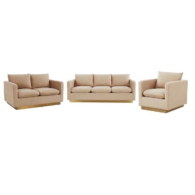 Show details for Velvet Sofa, Loveseat and Chair with Gold Frame Picture of Velvet Sofa, Loveseat and Chair with Gold Frame