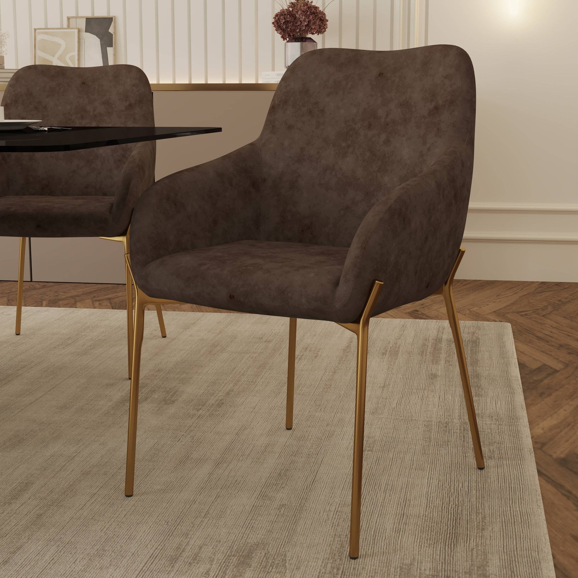 Lounge Around. Velvet/Boucle Dining Chair with Gold Chrome Legs