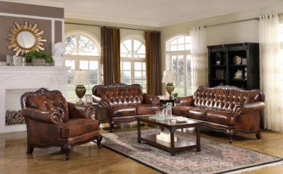 Show details for Genuine Leather Brown Rolled Arm Sofa, Loveseat and Chair Picture of Genuine Leather Brown Rolled Arm Sofa, Loveseat and Chair