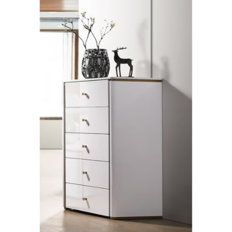 Picture of 30"W x 47"H White Bronze wood finish, and the gold handles Chest