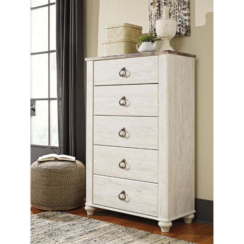 Picture of 33.86"W 52.72"H - Whitewash Five Drawer Chest or 38.94"W x 46.26"H - Dressing Chest