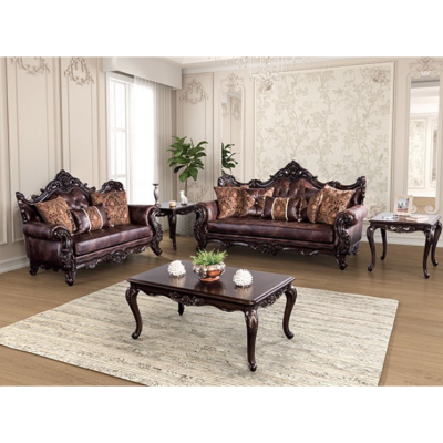 Show details for Dark Cherry/Brown Material Leatherette, Solid Wood Sofa, Loveseat and Chair Picture of Dark Cherry/Brown Material Leatherette, Solid Wood Sofa, Loveseat and Chair