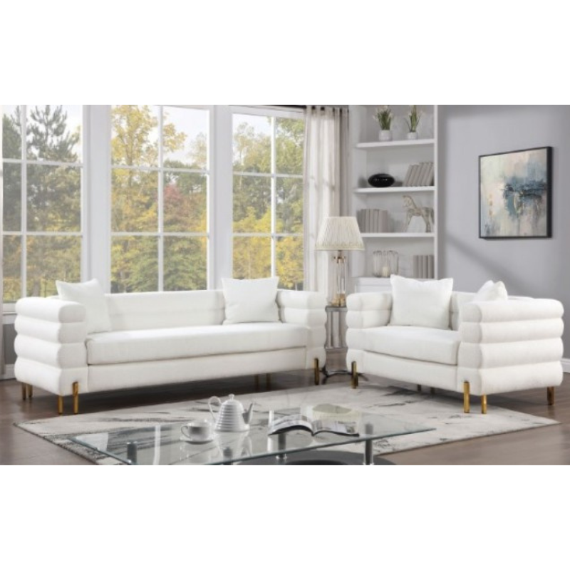Picture of White/Gold Material Boucle, Solid Wood Sofa, Loveseat and Chair