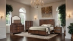 Picture of Dark Cherry Dresser and Mirror with Gold-Capped Legs