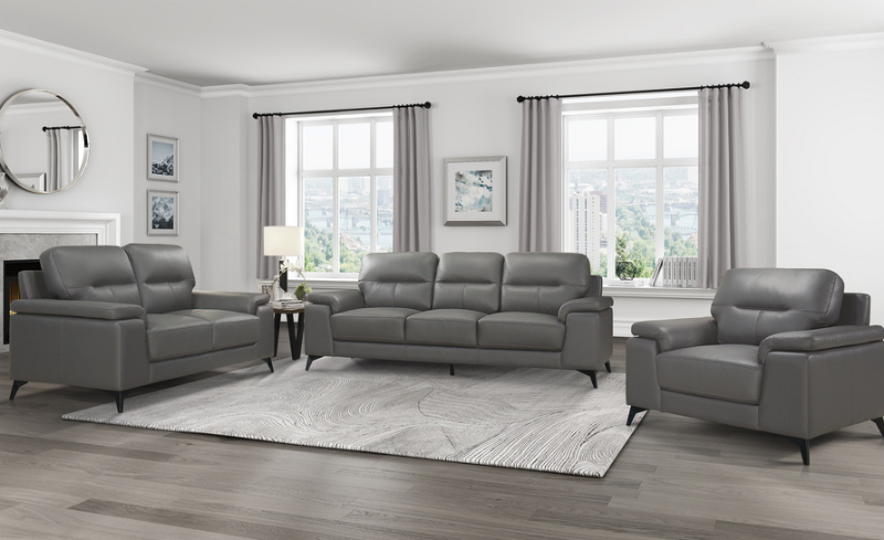 Picture of Genuine Leather Dark Grey Sofa, Loveseat and Chair