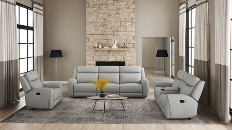 Picture of Genuine Leather Reclining Light Grey Sofa, Loveseat and Recliner