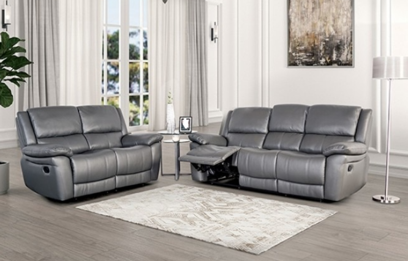 Picture of Genuine leather Manual Reclining Grey Sofa, Loveseat and Chair