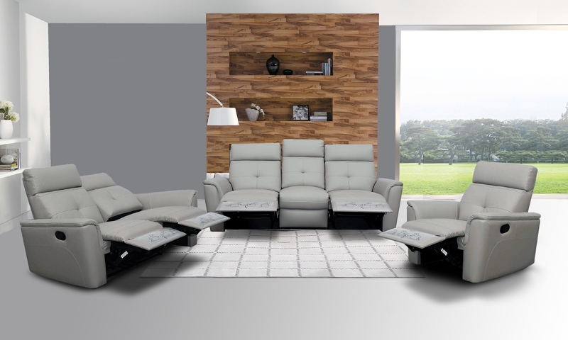 Picture of Top grain Genuine Leather Manual Recliner Light Grey Sofa, Loveseat and Chair