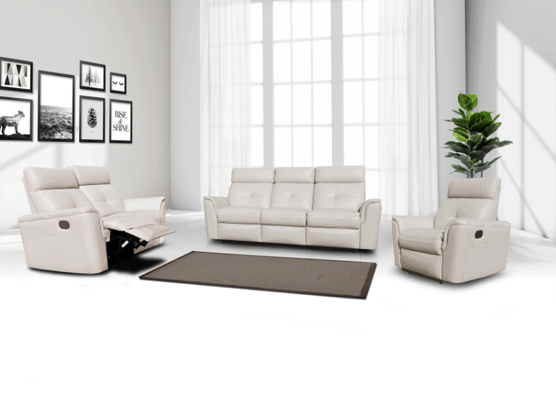 Picture of Top grain Genuine Leather Manual Recliner White Sofa, Loveseat and Chair