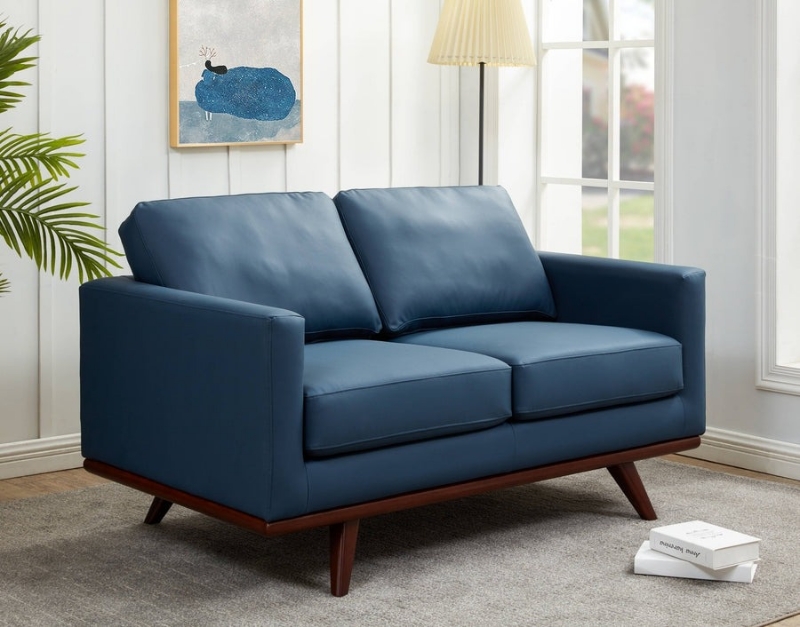 Picture of Wood Base Leather Navy Blue Loveseat