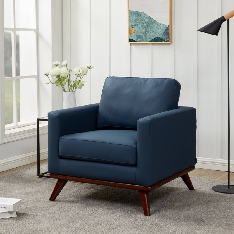 Picture of Leather Accent Arm Navy Blue Chair With Birch Wood Base