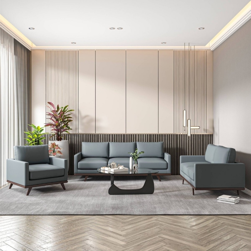 Picture of Wood Base Leather Grey Sofa, Loveseat and Chair