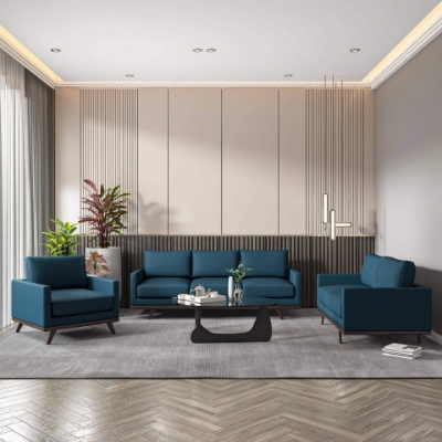 Show details for Wood Base Leather Navy Blue Sofa, Loveseat and Chair Picture of Wood Base Leather Navy Blue Sofa, Loveseat and Chair
