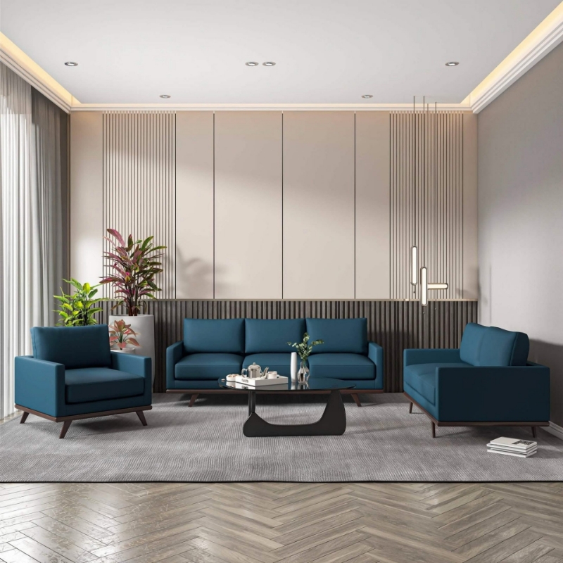 Picture of Wood Base Leather Navy Blue Sofa, Loveseat and Chair