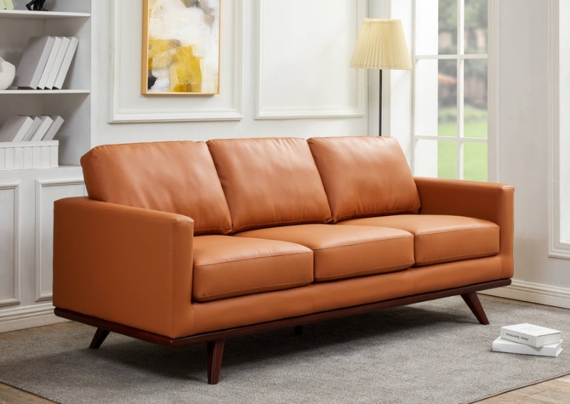 Picture of Wood Base Leather Full Size Cognac Tan Sofa
