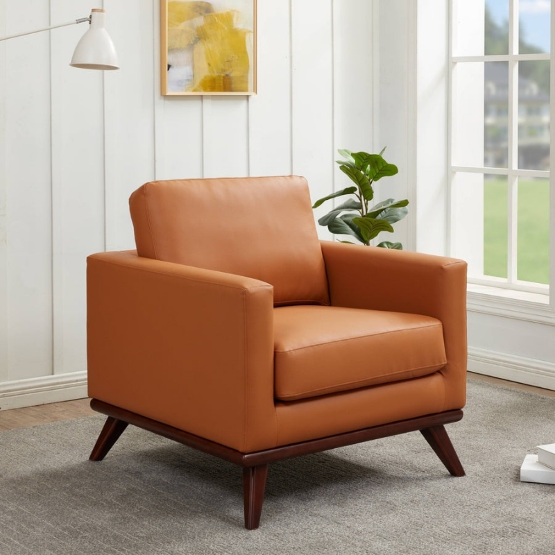 Picture of Leather Accent Arm Cognac Tan Chair With Birch Wood Base