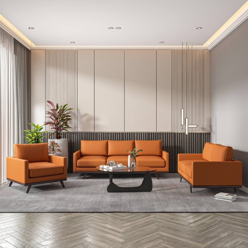 Picture of Wood Base Leather Cognac Tan Sofa, Loveseat and Chair