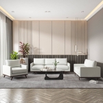 Picture of Wood Base Leather White Sofa, Loveseat and Chair