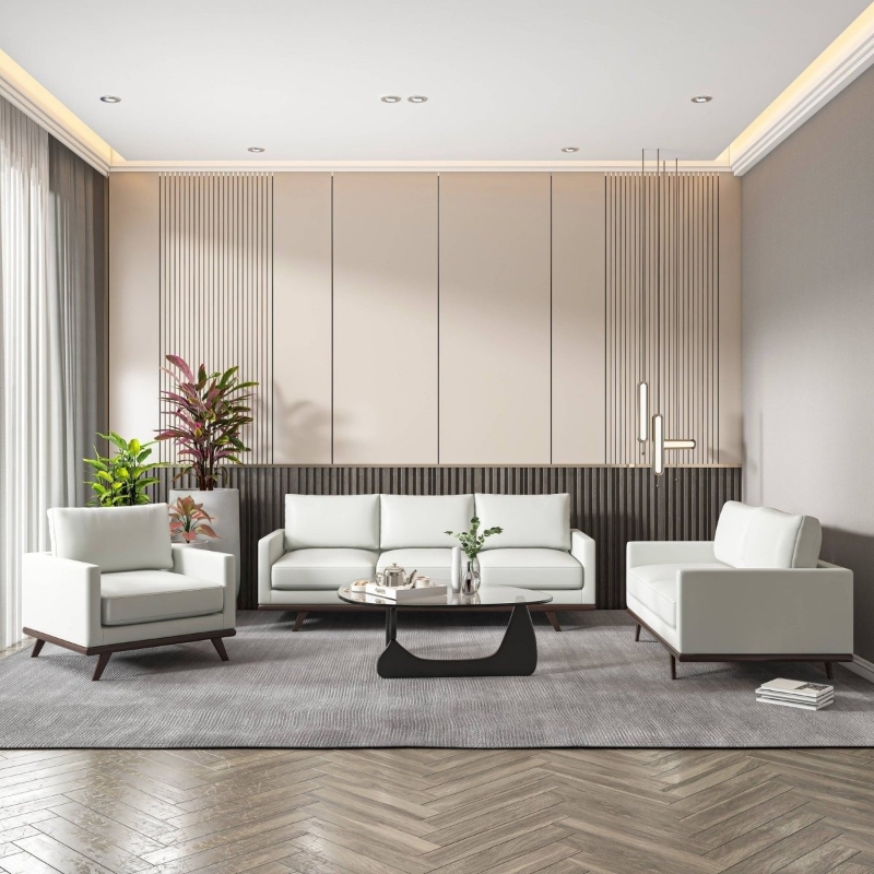 Picture of Wood Base Leather White Sofa, Loveseat and Chair