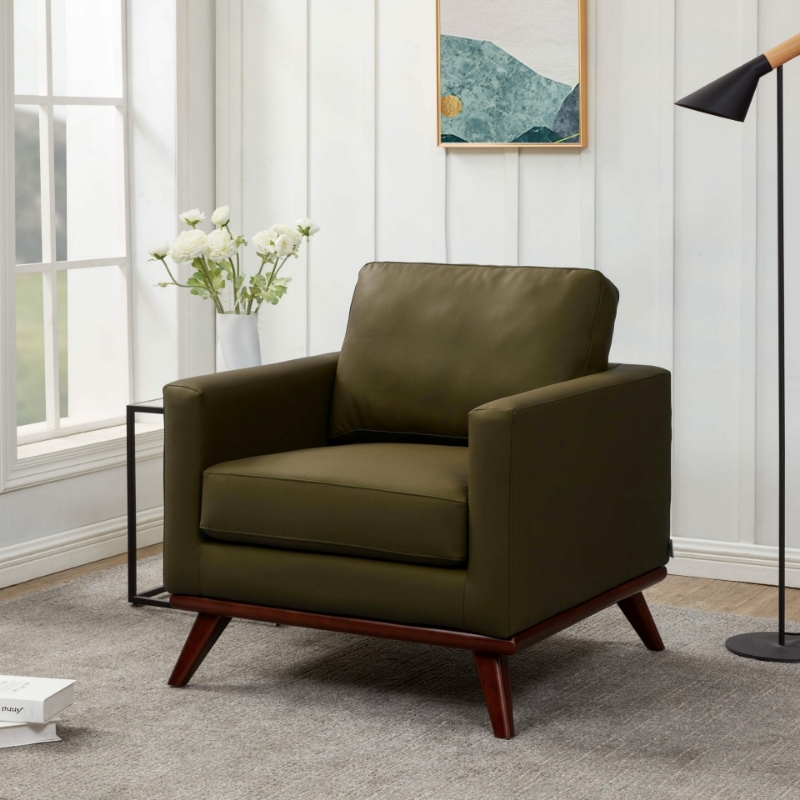 Picture of Leather Accent Arm Green Chair With Birch Wood Base