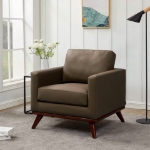 Picture of Genuine Leather Taupe, Black, Grey, Navy Blue, Cognac Tan, White, Green Leather Accent Arm Chair With Birch Wood Base