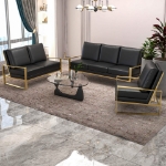 Picture of Gold/Silver Frame Leather Full Size Black Sofa, Loveseat and Chair