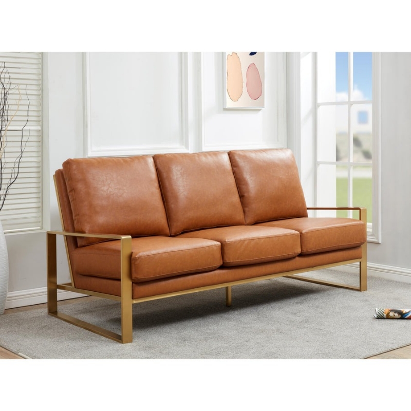 Picture of Gold/Silver Frame Leather Full Size Cognac Tan Sofa