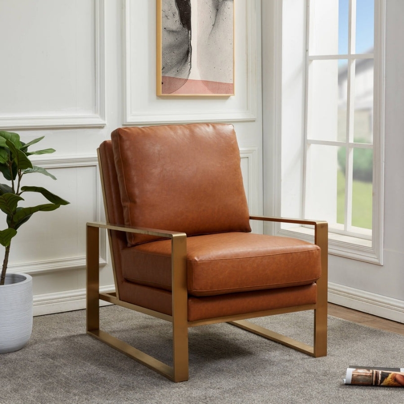 Picture of Cognac Tan Arm Chair With Upholstered And Gold/Silver Metal Frame