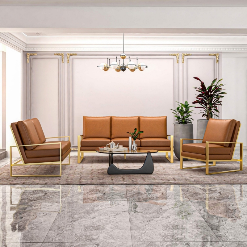 Picture of Gold/Silver Frame Leather Full Size Cognac Tan Sofa, Loveseat and Chair