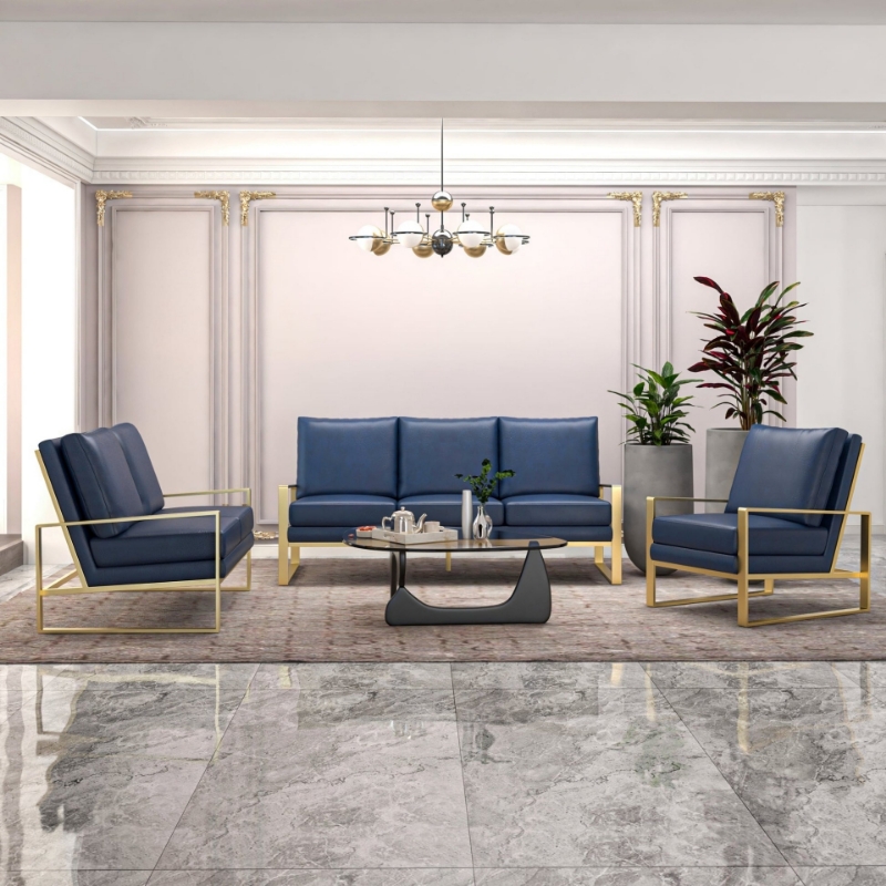 Picture of Gold/Silver Frame Leather Full Size Navy Blue Sofa, Loveseat and Chair