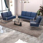 Picture of Gold/Silver Frame Leather Full Size Navy Blue Sofa, Loveseat and Chair