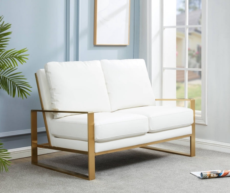 Picture of Gold/Silver Mirrored Frame Contemporary Leather White Loveseat