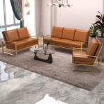 Picture of Gold/Silver Frame Leather Full Size Cognac Tan Sofa