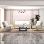 Picture of White Arm Chair With Upholstered And Gold Metal Frame