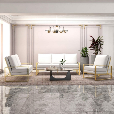 Show details for Gold/Silver Frame Leather Full Size White Sofa, Loveseat and Chair Picture of Gold/Silver Frame Leather Full Size White Sofa, Loveseat and Chair