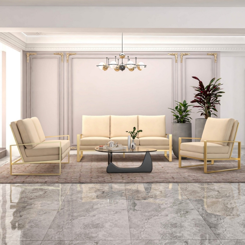 Picture of Beige Velvet Gold/Silver Frame Sofa, Loveseat and Chair