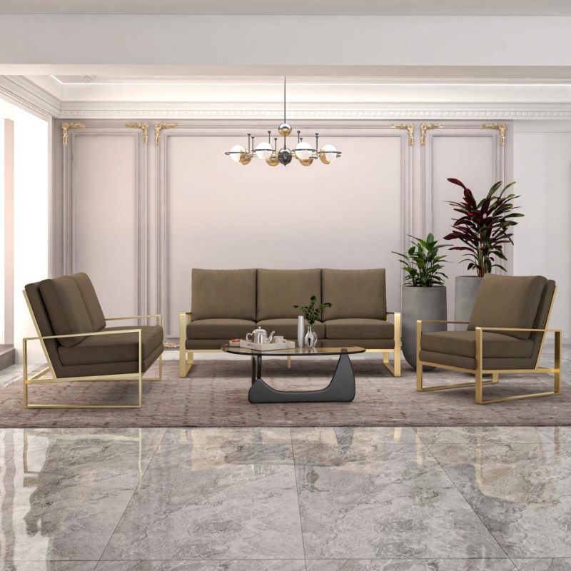 Picture of Dark Grey Velvet Gold/Silver Frame Sofa, Loveseat and Chair