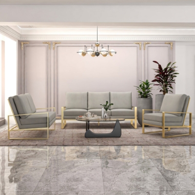 Show details for Light Grey Velvet Gold/Silver Frame Sofa, Loveseat and Chair Picture of Light Grey Velvet Gold/Silver Frame Sofa, Loveseat and Chair